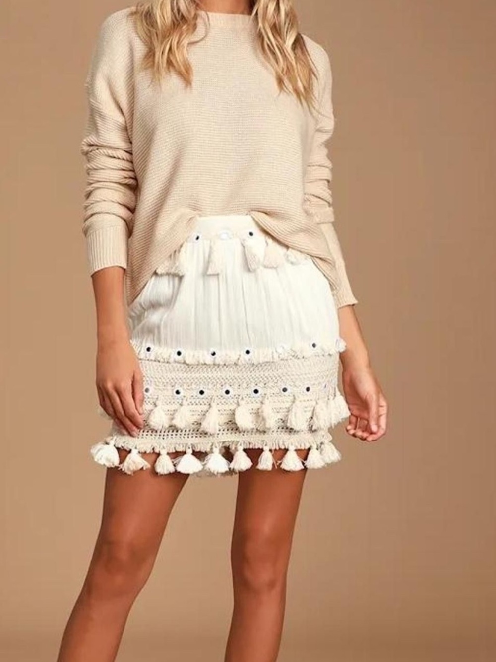 Anthropologie Raga Boho Tassel Mini Skirt in Cream S